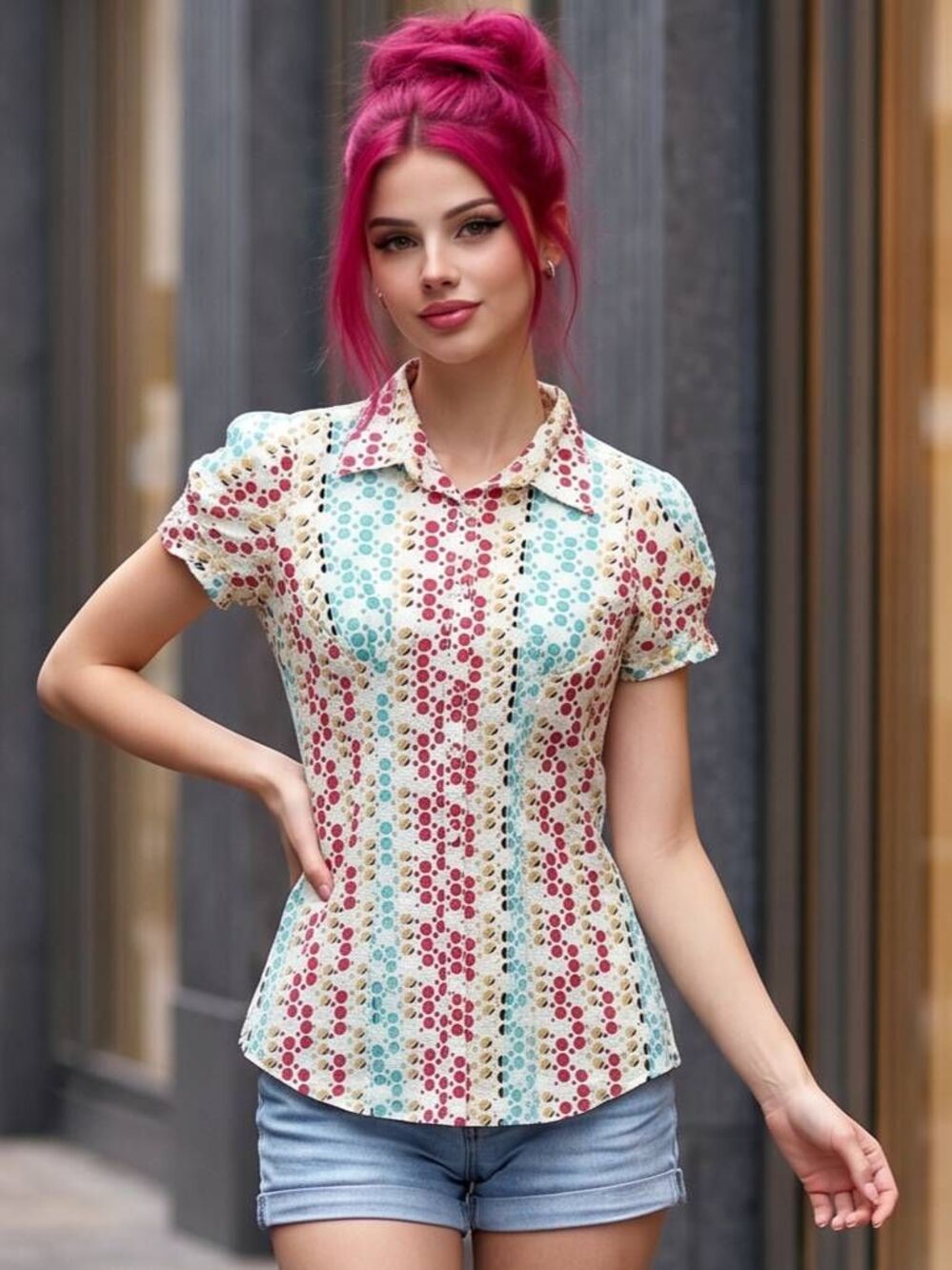 🔺️Vintage Dolled Up by Fang Multicolor Polka Dot Button Top Large